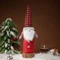 Christmas gnome wine bottle cover with red plaid hat and rustic wooden buttons decoration - Red