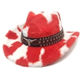 Détail du chapeau de cow-boy à motif vache rouge et blanc avec bande en cuir à rivets - M(56-58cm) / Haut de Cœur Imprimé Vache Rouge