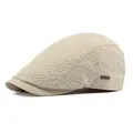Beige breathable flat cap with textured fabric and a small decorative metal plate - Adjustable / Light Beige