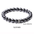 Polished black hematite beaded bracelet with silver textured metal charm, model SL351A05 - SL351A05 Black Hematite Bracelet