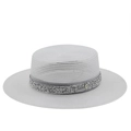 Cappello di paglia a testa piatta con nastro di strass e ciondolo in metallo M - M(56-58cm) / Bianco (JX-431222)