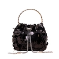 Sparkly black sequin bucket bag with silver metal handle and chain drawstring - Black
