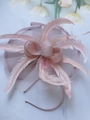 Elegant pink mesh fascinator hat with decorative feathers and ribbon bow on a headband - Nude Pink
