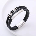 Mehrlagiges Herrenarmband aus geflochtenem Leder mit Edelstahlperlen und Magnetverschluss - Schwarz