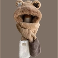 Brown 3-in-1 plush hat scarf and gloves combo with cute bear ears and paw pockets - Starry 3-piece Set - Khaki