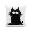 Detailed view of white pillowcase featuring a stylized fluffy black cat with large eyes - Abstract Big Head Cat