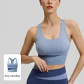 Ensemble de yoga bicolore bleu lac avec brassière de sport et legging taille haute - S / Hauts / Bleu Grisâtre