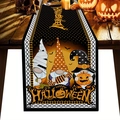 Detail of Halloween table runner with gnomes, bats, and Happy Halloween text on wood - Style 12-Black Base Gnomes HAPPY HALLOWEEN