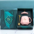 Pink geometric ceramic mug set with gold leaf spoon in a premium green gift box - Fine Glazed Pink Diamond Lid Mug Gift Set