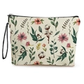 Cream floral canvas makeup bag with pink watercolor flowers and a convenient wristlet strap - Pink Flower and Cotton Boll Print (Style 1)