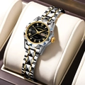 Two-tone silver and gold quartz watch with black dial and diamond markers - Gold Band Black Dial Women