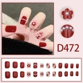 Elegant dark red camellia press-on nails set with pearls and floral art in short square shape - Burgundy Camellia Pearl Style (D472) / 24Pcs/Box (With Glue)