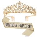 Birthday Princess set with golden rhinestone crown and glitter sash for girls' parties - Gold Set
