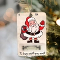 Close-up of wooden Santa money holder ornament with cash slot hanging on Christmas tree - Santa Claus Tag (Style 24)
