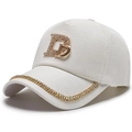 White baseball cap with rhinestone letter D and sparkling chain trim on the brim - Adjustable / White