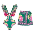 Green V-neck swimsuit and matching wrap skirt set with vintage grape floral prints - S / Top And Bottom / Cut-Out Ruffle Monokini + Short Skirt