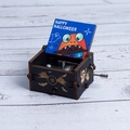 Black wooden Halloween music box with ghost carvings and Happy Halloween monster print - Hand-cranked Halloween L