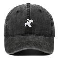 Detail of ghost embroidery on washed cotton baseball cap with a classic curved brim - Black