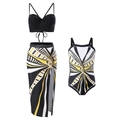 Three-piece family bikini set with black top and geometric print skirt and swimsuit - S / Parent-Child Set / Black