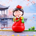 Q-version Tang Dynasty lady figurine in red dress with silk fan for desk decor - Tang Dynasty Maiden with Fan Large