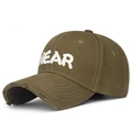 Distressed olive green baseball cap with white 3D NEAR embroidery and frayed brim detail - Adjustable / Dark Coffee