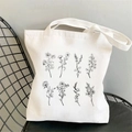 White canvas tote bag with black floral botanical prints for daily casual shopping - STD704-I Line Drawing Floral