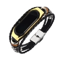 Retro black braided leather watch band with gold metal frame for Xiaomi Mi Band - Gen 3-4: Black Leather + Gold Frame
