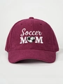 Detail of burgundy corduroy texture with white Soccer MOM and heart embroidery - Burgundy