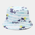 Vue détaillée du chapeau de soleil avec motifs de palmiers et coutures renforcées sur le bord - M (56-58cm) / Imprimé Palmier Rayé Bleu Blanc (3#)