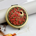 Portable vintage round compact mirror with golden peacock motif and red rhinestones - Peacock Pattern - Bronze