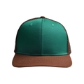 Dettaglio delle cuciture a contrasto su un cappellino trucker bicolore a tesa piatta - Verde Scuro e Marrone Blocchi di Colore