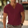Men's breathable burgundy V-neck Henley T-shirt with double-button casual slim fit style - S / Burgundy