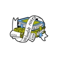 Cartoon style enamel pin featuring stack of books, scroll, and ribbon with valuable notes - Valuable Notes Book (CC2553)