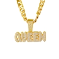 Gold plated iced out QUEEN letter pendant necklace with sparkling crystal rhinestones - 10NNK Cuban Chain / Gold