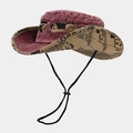 Vintage washed cotton sun hat with newspaper print brim and adjustable windproof strap - Burgundy