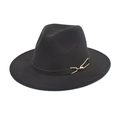 Classic black wool fedora hat with wide brim and gold metal buckle belt decoration - Black