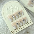 Handmade nude and white French coffin press-on nails with pearls and heart rhinestones - Extra Small (XS) / Yogurt White French
