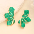 Artistic leaf-shaped earrings in emerald green and gold finish on stone texture - Green Enamel Petal Gold (5359)