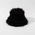 Close-up of fluffy black faux fur bucket hat material showing thick plush texture for winter - 56-60cm / Black