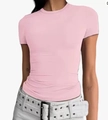 Slim fit pink long sleeve t-shirt with crew neck made of elastic knit fabric - XS / Tops / Pink