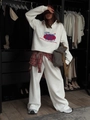 Women's American retro letter embroidery half-zip sweatshirt and jogger set in cream - S / Light Gray