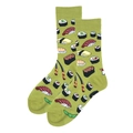 Fashionable men's crew socks in avocado green featuring a Japanese sushi pattern print - Grass Green Sushi