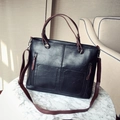 Retro black faux leather tote bag with brown handles and front zipper pockets - Black