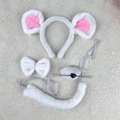 Plush white mouse costume set featuring headband ears, bow tie, nose and tail - White Plush Mouse 4-Piece Set With Nose