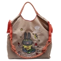 Khaki canvas tote bag with Bobby Dazzler rabbit embroidery and red shoulder strap - Apricot