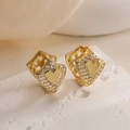 18K gold plated shield earrings with heart zircon inlay on white textured stone - Gold Shield Heart (45381)