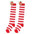 Detail of red and white striped Christmas stockings featuring plush reindeer with green hats - Kids (7-12 Years Old) / Wide Red White Stripes / Red Hat Reindeer
