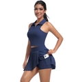 Detail of navy blue tennis set showing inner shorts and functional phone pocket - S / Navy Blue