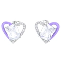 Silver heart stud earrings with purple enamel and rectangle cubic zirconia center - Silver Purple