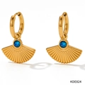 French vintage gold fan earrings with blue zircon insets on a white backdrop - Gold Blue Zirconia Fan Style (KDE824)